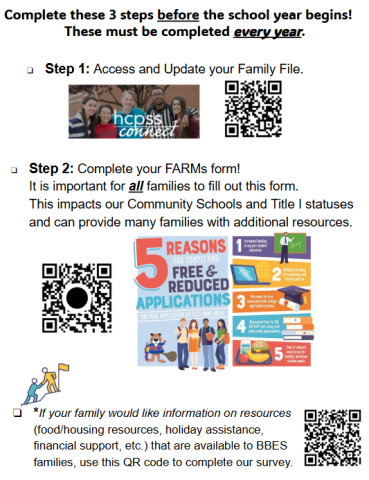 QR codes to access Family File, FARMs Form, and the BBES Resource Survey.